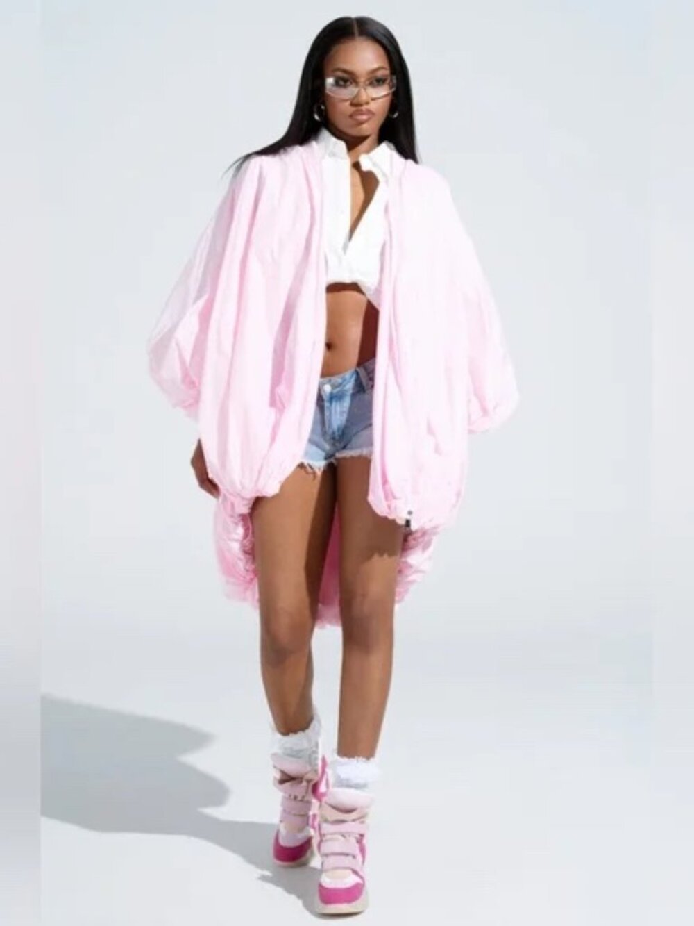 AKIRA Oversized Streetwear Pink Floating Nylon Hi-Low Bubble Bomber Jacket